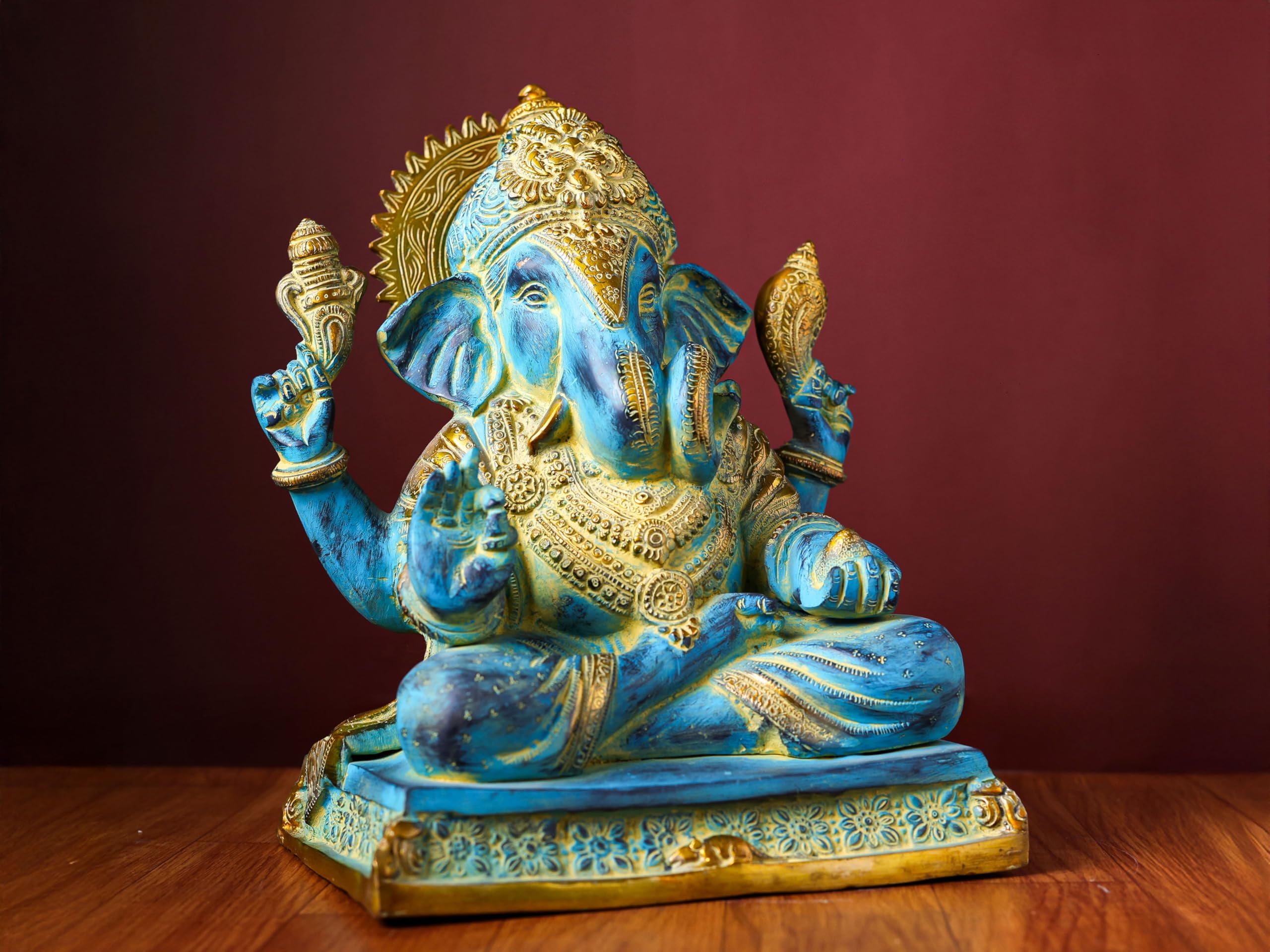 Brass Ganesha Statue With Mosaic, 29 Cm Brass Blue Golden Finish Ganesh Statue, Ganpati Idol, Good Luck Gift For New Beginnings,